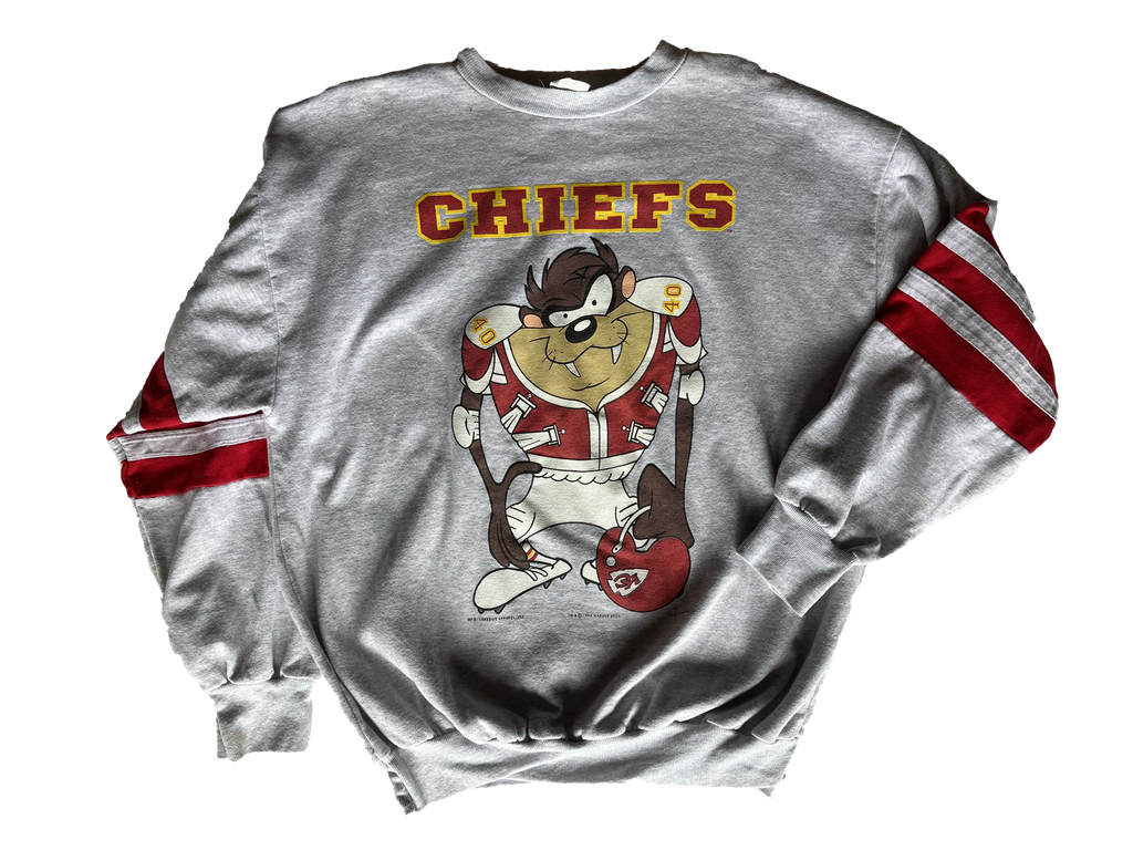 WESTSIDE STOREY VINTAGE | VINTAGE 90S TAZ STRIPE SLEEVE CHIEFS LIGHT SWEATSHIRT - Westside Storey