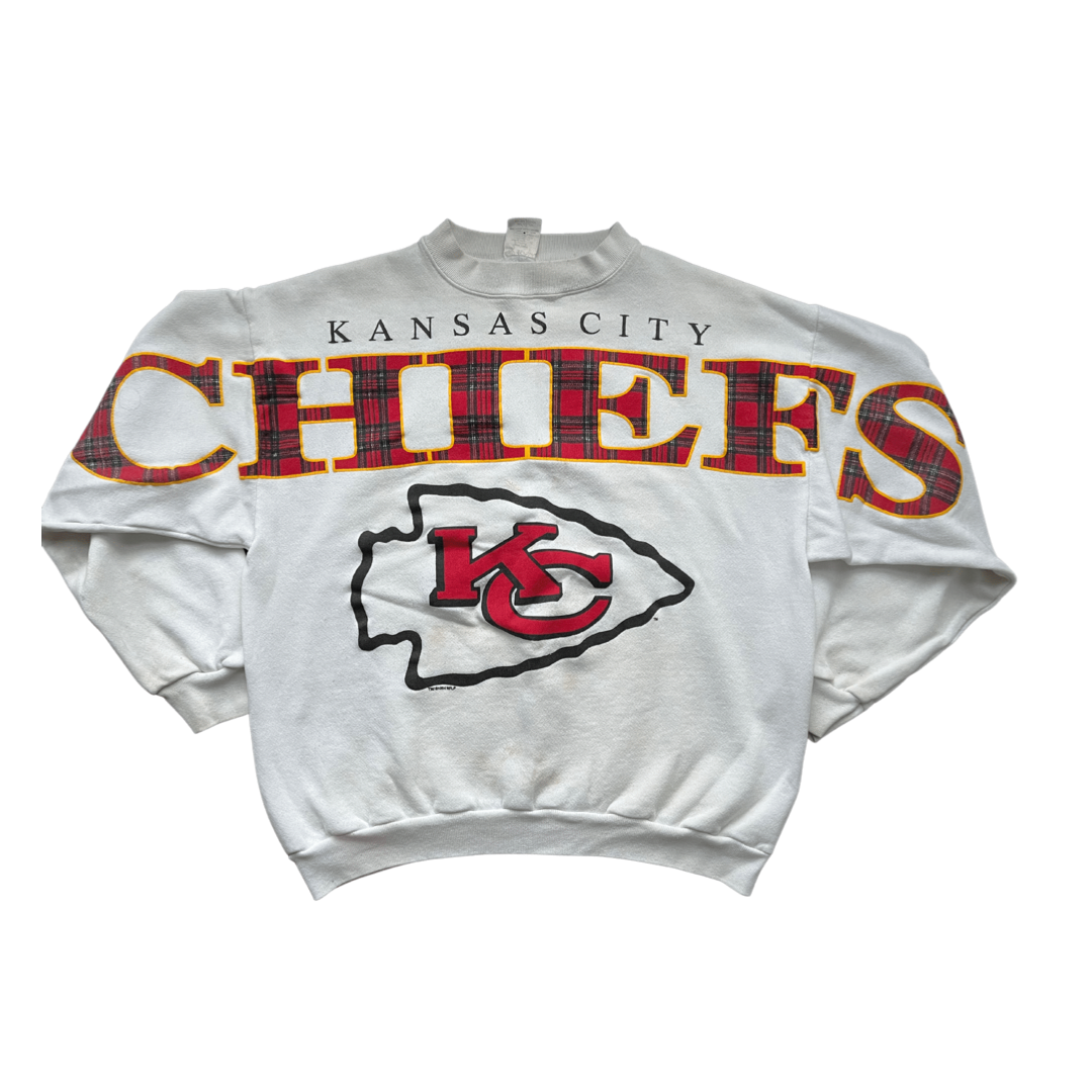 WESTSIDE STOREY VINTAGE | VINTAGE CHIEFS 1994 PLAID SPELLOUT ARROWHEAD WHITE SWEATSHIRT- AS IS - Westside Storey