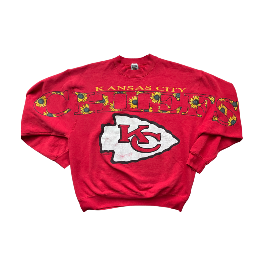 WESTSIDE STOREY VINTAGE | VINTAGE CHIEFS 1994 LARGE SUNFLOWER SPELLOUT SWEATSHIRT - Westside Storey