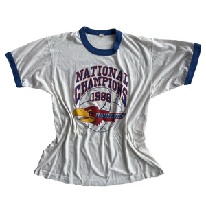 WESTSIDE STOREY VINTAGE | VINTAGE RARE KANSAS JAYHAWKS 1988 NATIONAL CHAMPS- FAT LADY SINGS RINGER TEE - Westside Storey