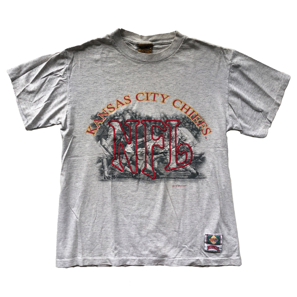WESTSIDE STOREY VINTAGE | VINTAGE 90'S NUTMEG EMBROIDERED NFL CHIEFS ASH GREY T-SHIRT - Westside Storey