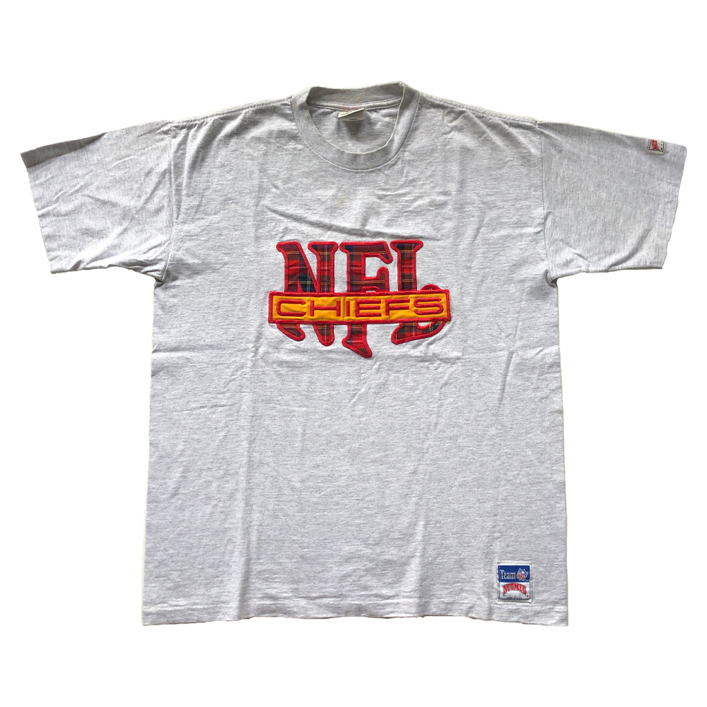 WESTSIDE STOREY VINTAGE | VINTAGE 90'S NUTMEG NFL PLAID PATCH CHIEFS ASH GREY T-SHIRT - Westside Storey